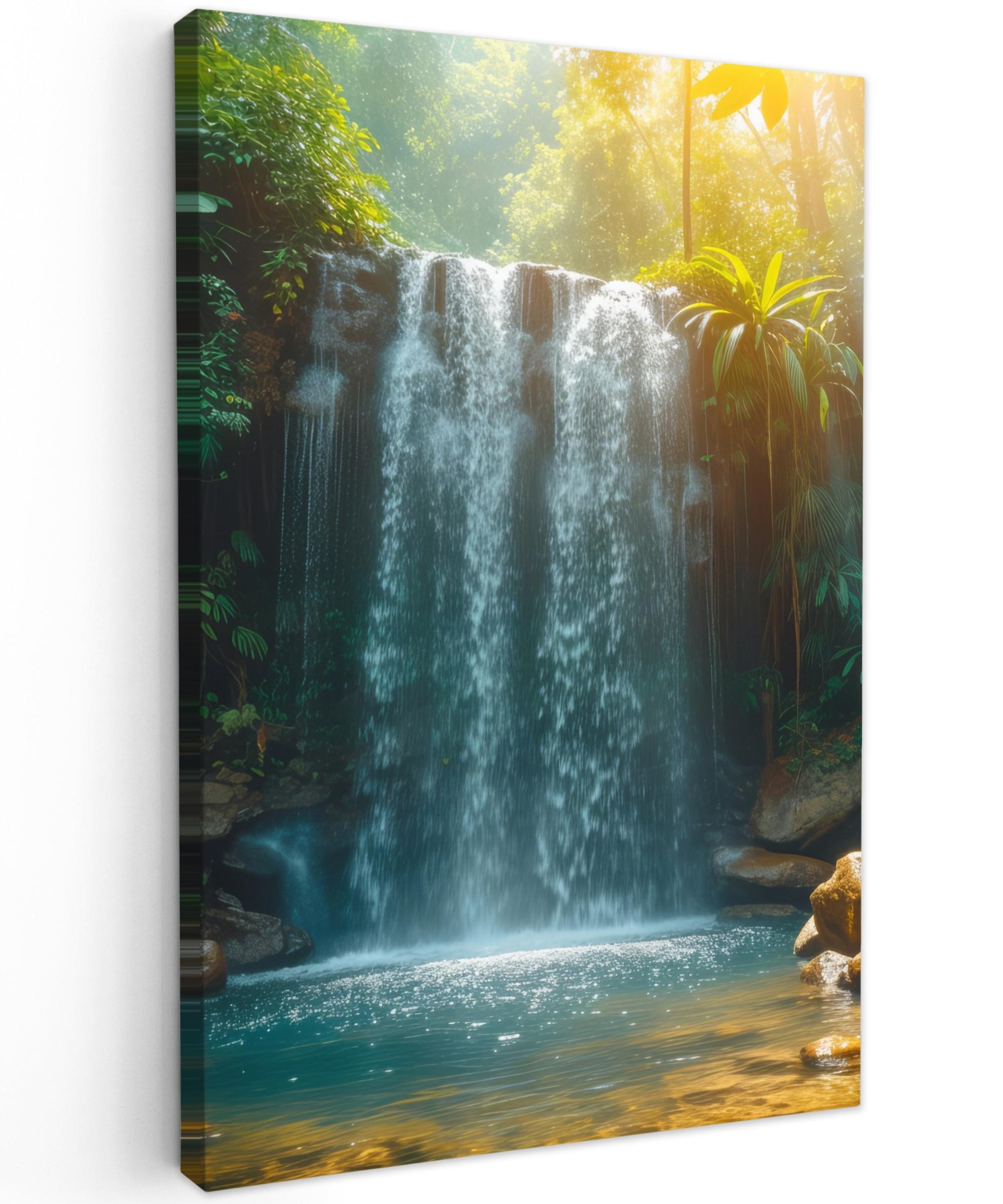LEINWANDBILD Wasserfall - Dschungel - Sonne - Grün - Natur Wanddeko 40x60 cm - Grün, Textil (40/60cm) - MuchoWow