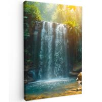 LEINWANDBILD Wasserfall - Dschungel - Sonne - Grün - Natur Wanddeko Schlafzimmer 60x90 cm - Grün, Textil (60/90cm) - MuchoWow