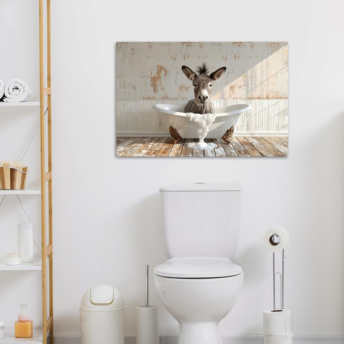 LEINWANDBILD Esel - Tiere - Badewanne - Schaumstoff Wanddeko 90x60 cm - Weiß, Textil (90/60cm) - MuchoWow