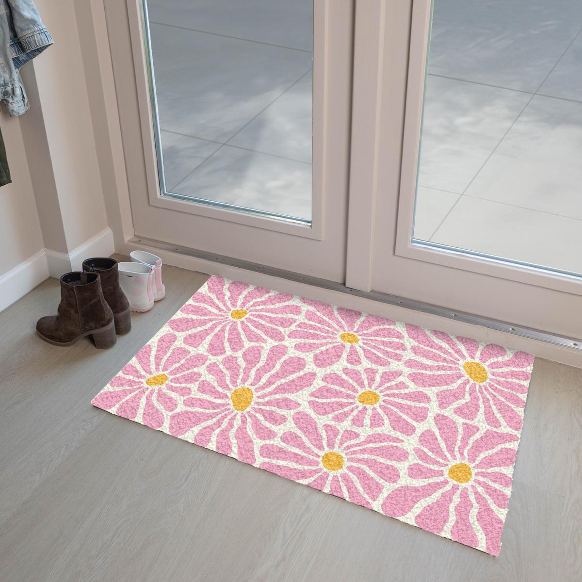 FUSSMATTE Blumen - Muster - Rosa - Beige - Orange Sauberlaufmatte 90x60 cm - Rosa, Kunststoff (90/0.4cm) - MuchoWow