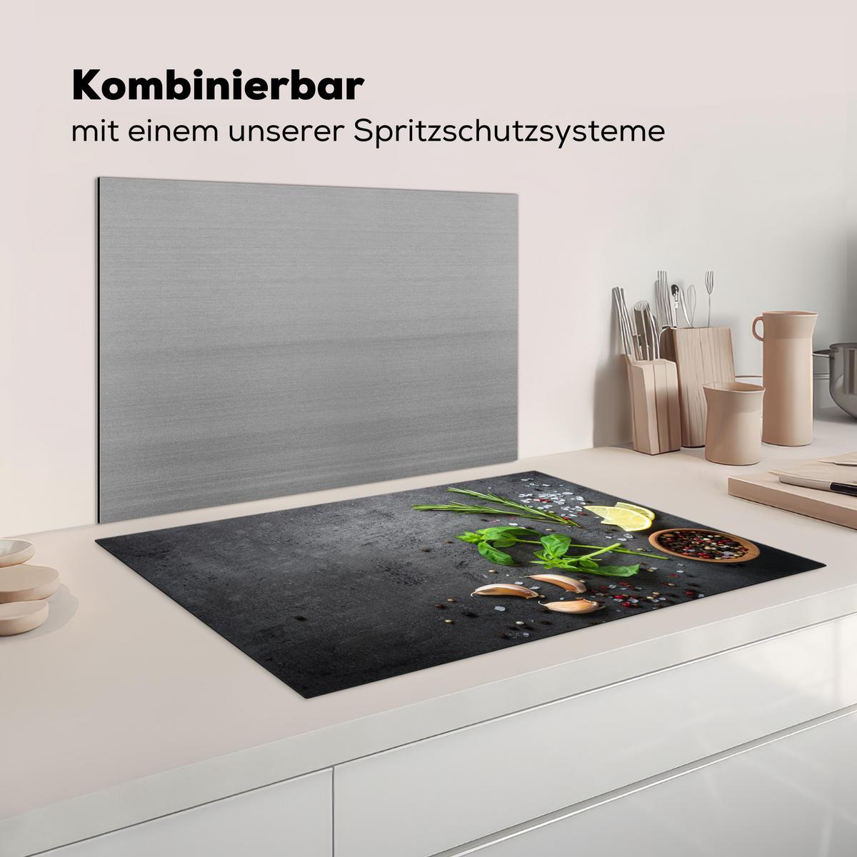 HERDABDECKPLATTE Limette - Kräuter - Gewürze - Grün - Grau - Beton Induktionsmatte 81x52 cm - Grün, Kunststoff (81/52/0.2cm) - MuchoWow