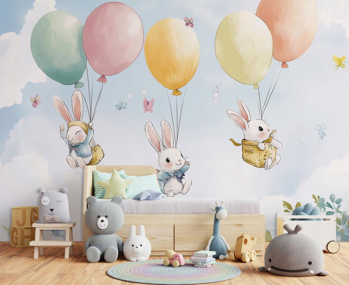 FOTOTAPETE Kinderzimmer Mädchen Kaninchen Wolken 150x105 - Multicolor, Papier (150/105cm) - Wallarena