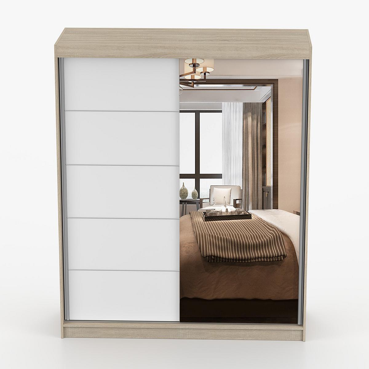 SCHWEBETÜRENSCHRANK BONO 05 Sonoma Eiche/Weiß mit Spiegel 160 cm - Alufarben/Weiß, Holzwerkstoff/Metall (160/195/61cm) - imoebel24