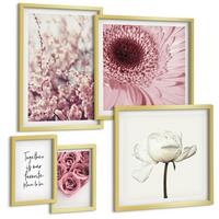 BILDER SET 5er Set - 50x50 cm & 20x30 cm & 40x60 cm Goldrahmen - Blumensträuße mit Rosen, Hausinschrift - Goldfarben, Kunststoff (40/60cm) - TULUP