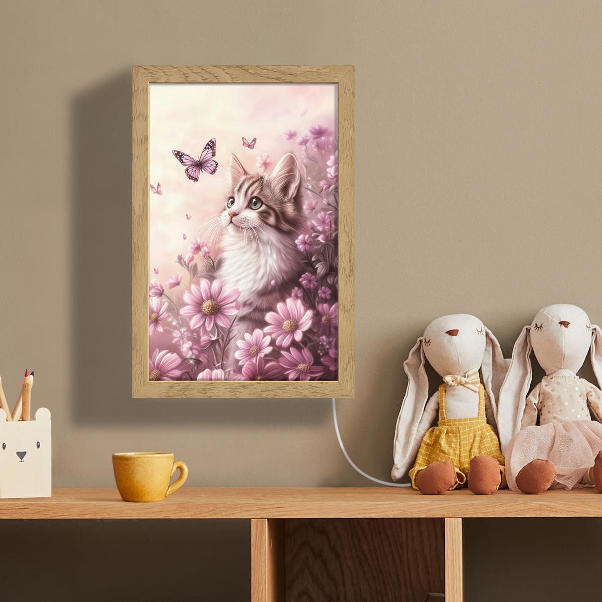 WANDLEUCHTE Kätzchen - Blumen - Schmetterlinge - Lila 20x30 cm - Altrosa, Holzwerkstoff (20/30/8cm) - OnlyWow