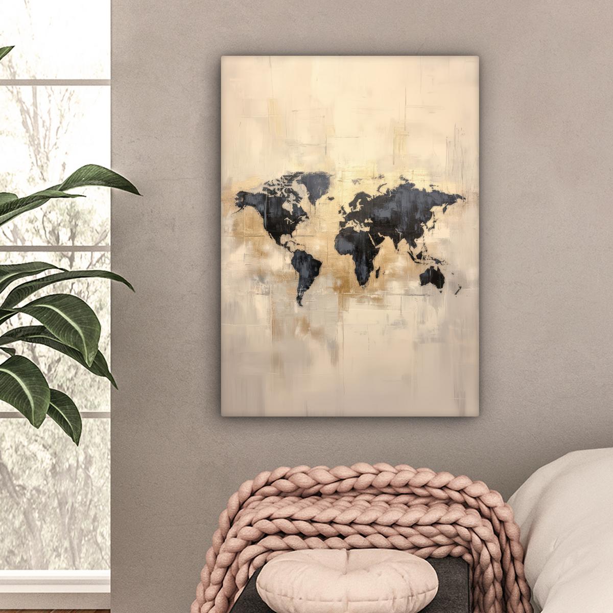 LEINWANDBILD Weltkarte - Gold - Schwarz - Abstrakt Wandbild Wohnzimmer 60x80 cm - Kupferfarben, Textil (60/80cm) - MuchoWow