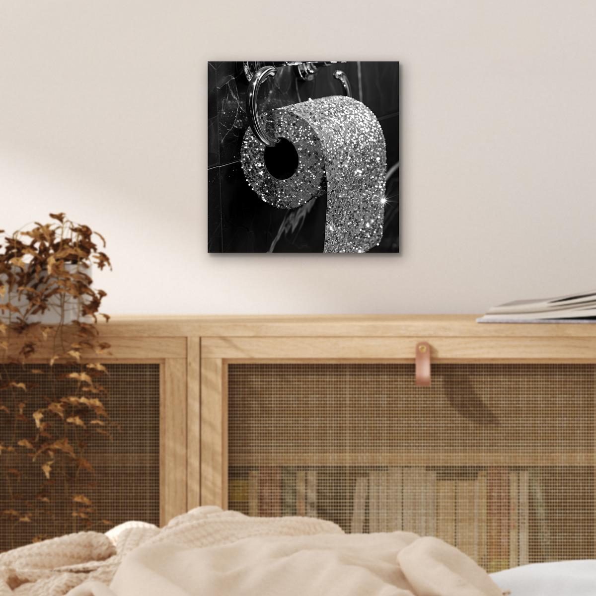 METALLBILD WC - Toilettenpapier - Schwarz und weiß - Glitter 20x20 cm - Silberfarben, Metall (20/20cm) - MuchoWow