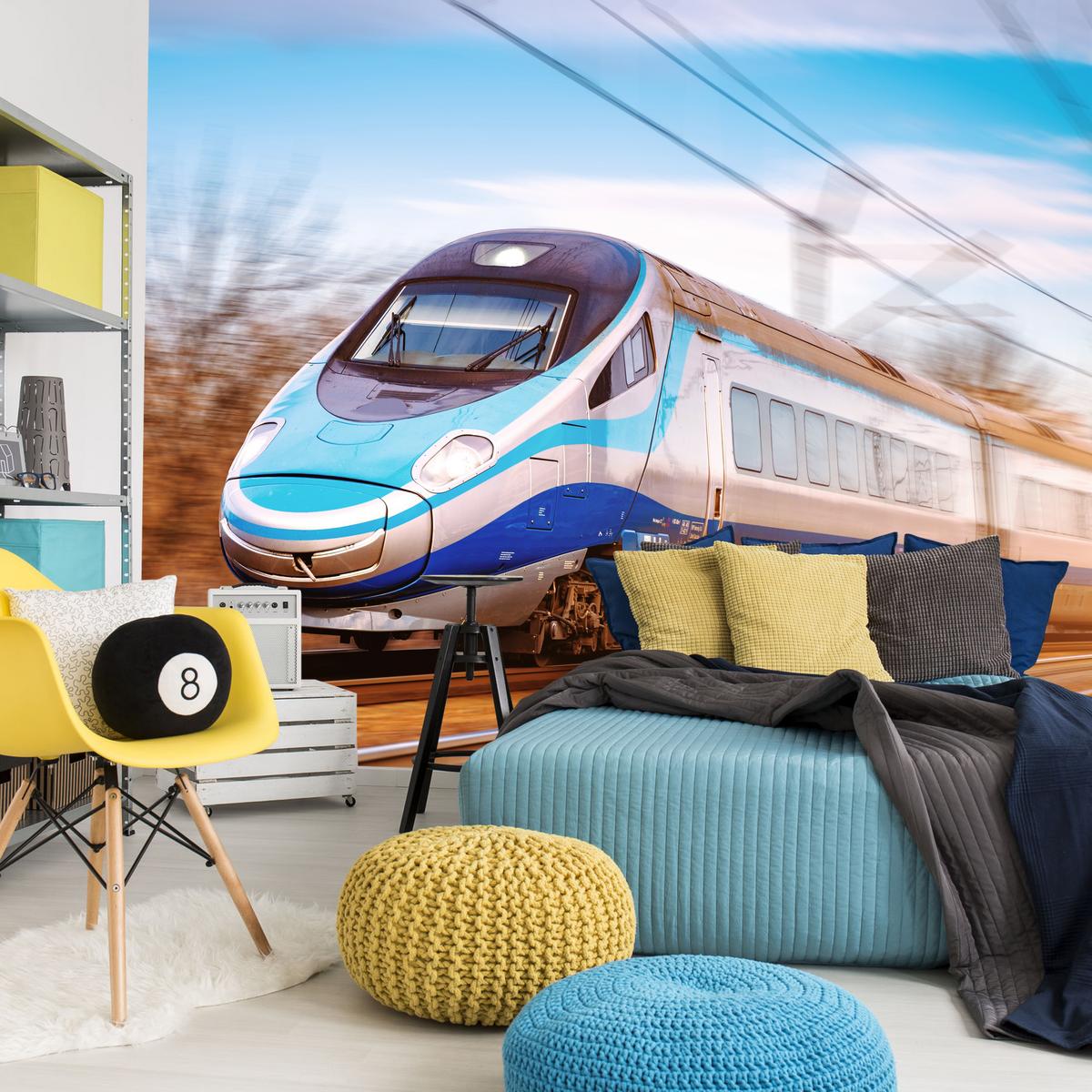 FOTOTAPETE für Wohnzimmer Moderner Zug Eisenbahnschienen 400x280 - Blau/Schwarz, Papier (400/280cm) - Muralo