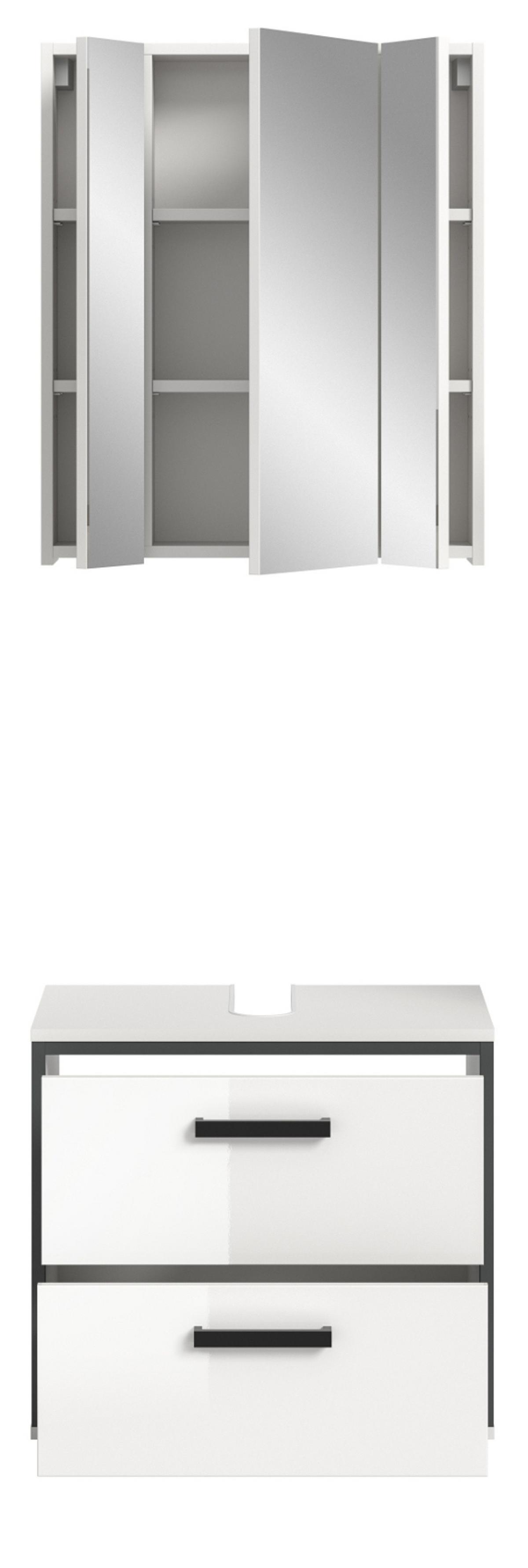 BADMÖBEL-SET 2-teilig weiß Hochglanz, grau, Badkombination 60 x 190 cm - Weiß Hochglanz/Schwarz, Glas/Holzwerkstoff (60/190/37.5cm) - Inn.Furn