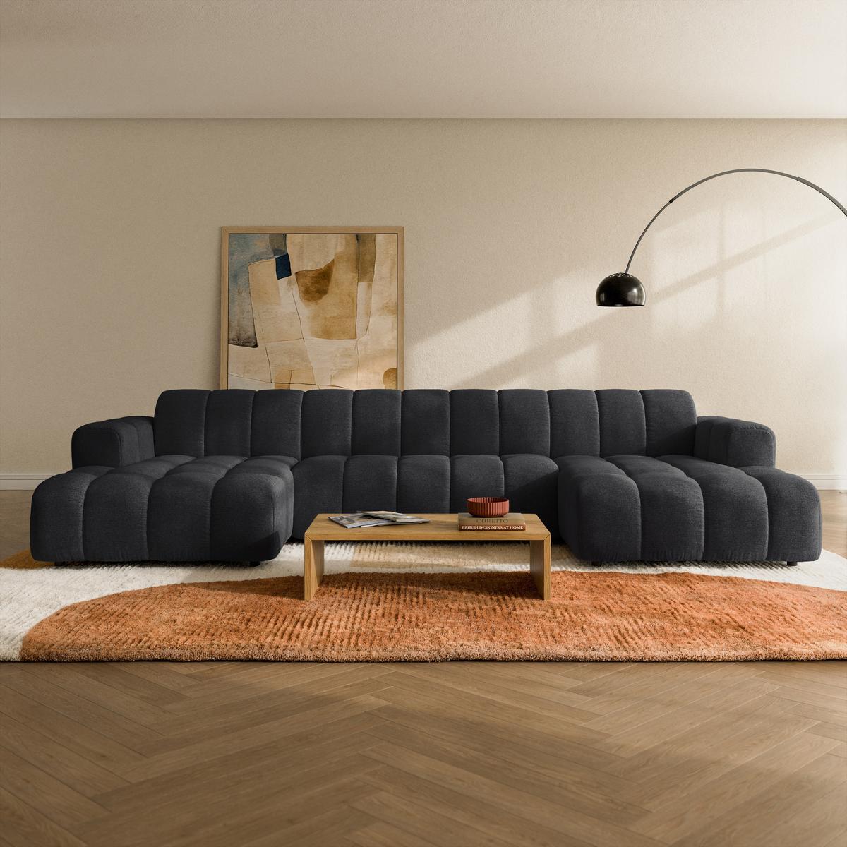 WOHNLANDSCHAFT AENIS Schwarz Strukturstoff - Schwarz, Holz (398/85/165cm) - MASSENO