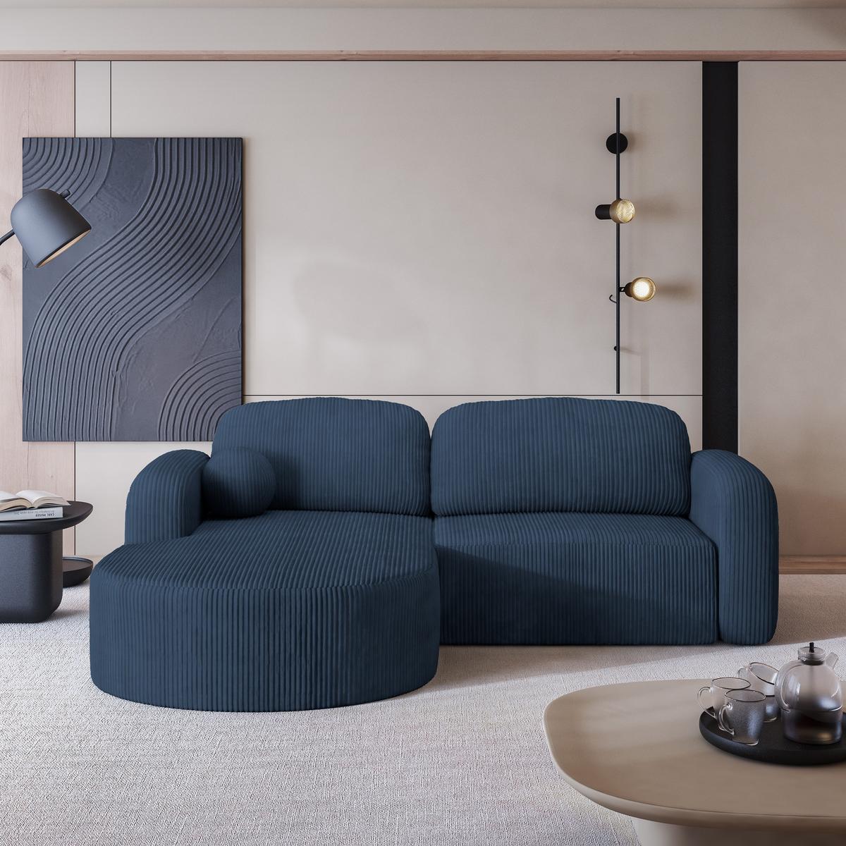 ECKSOFA AMILIA P L-S Blau Kordstoff mit Schlaffunktion - Blau, Holz (263/174cm) - MASSENO