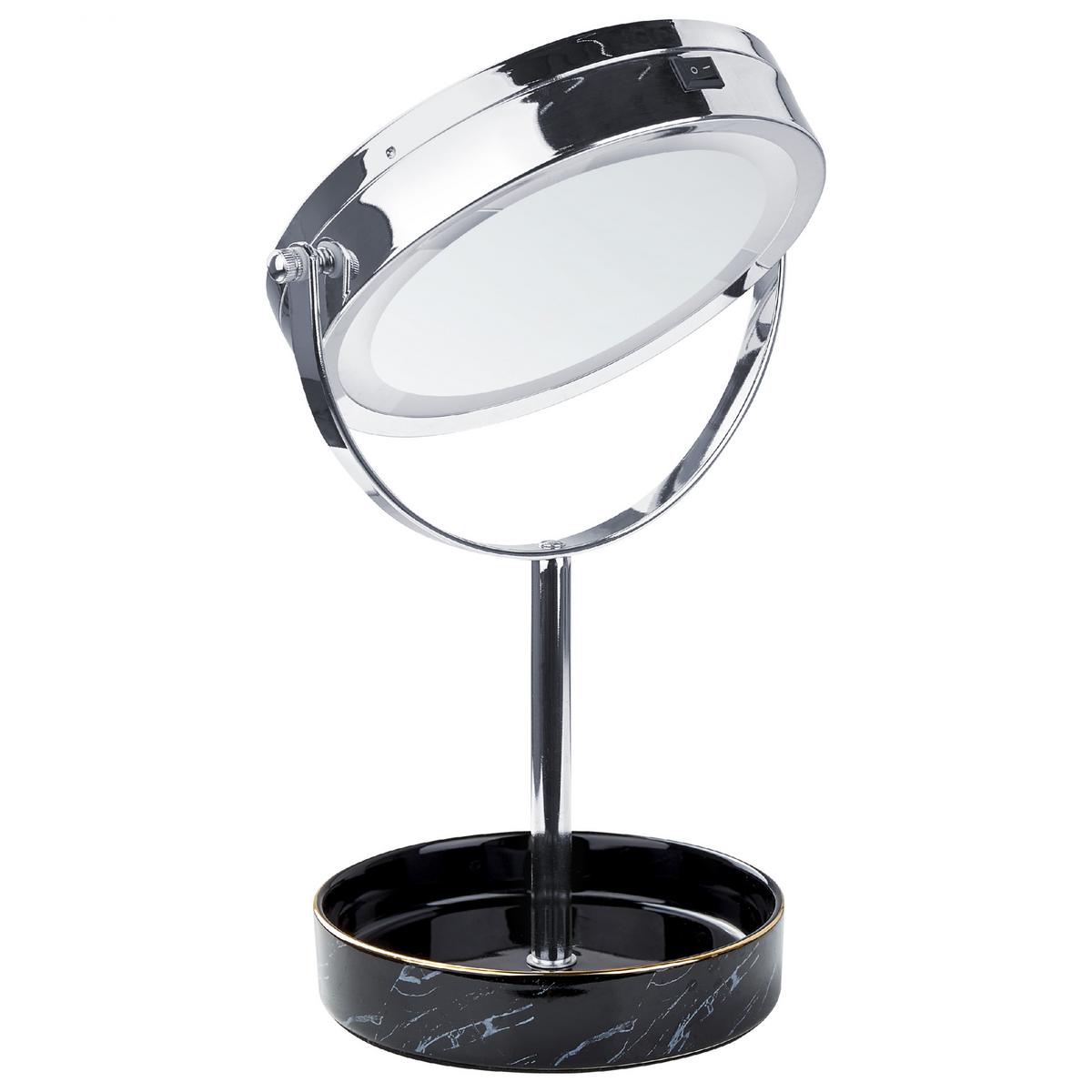 KOSMETIKSPIEGEL silber/schwarz mit LED-Beleuchtung 20 cm Savoie - Silberfarben/Schwarz, Metall (20/34/15cm) - Beliani