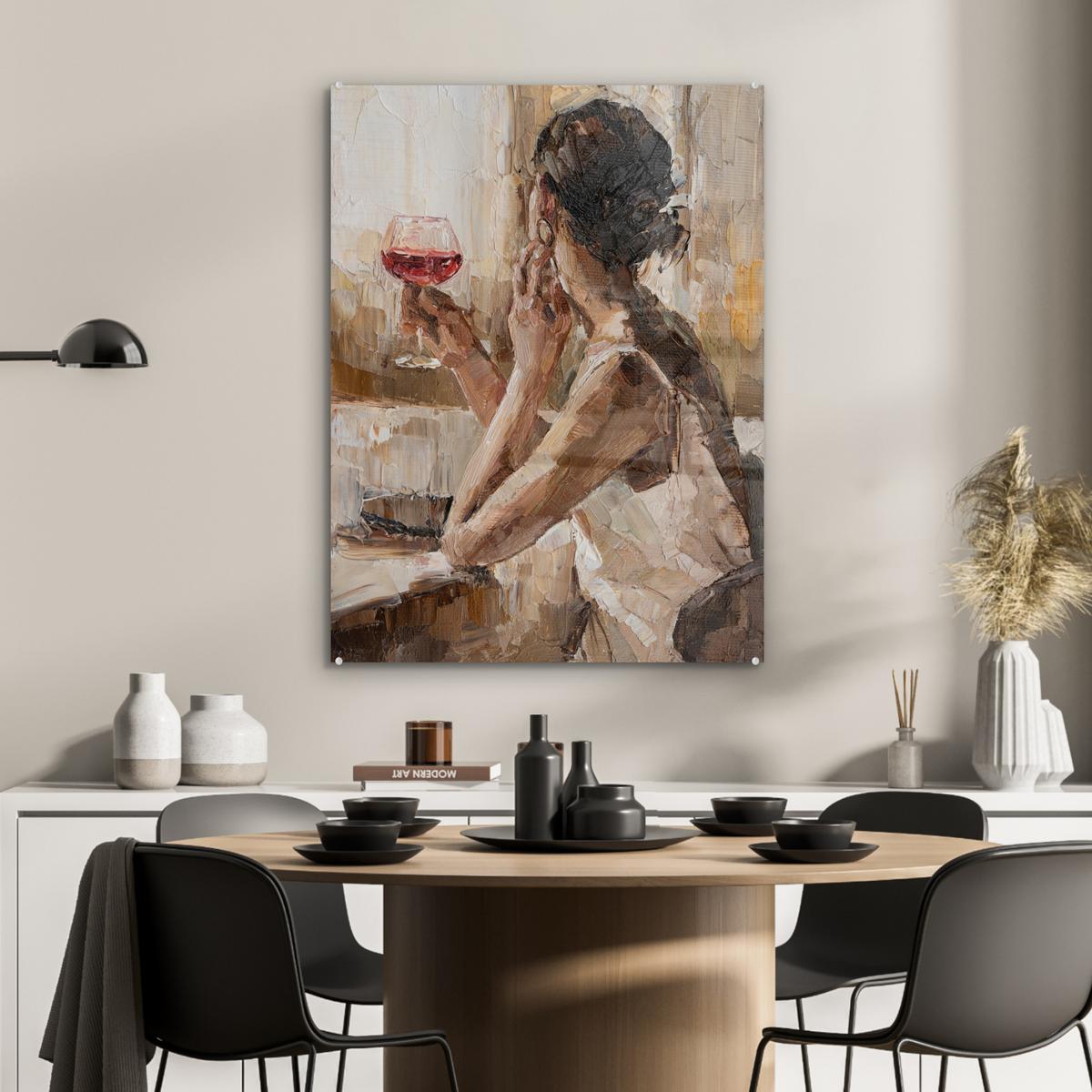 ACRYLGLASBILD Ölgemälde - Frau - Wein 60x80 cm - Hellbraun, Glas (60/80cm) - MuchoWow