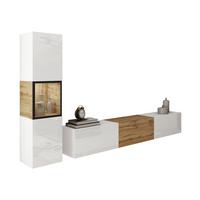 WOHNWAND Berlin I mit weißer LED Beleuchtung - Weiß Hochglanz/Eiche Wotan, Holzwerkstoff/Kunststoff (180/30/33cm) - MIRJAN24