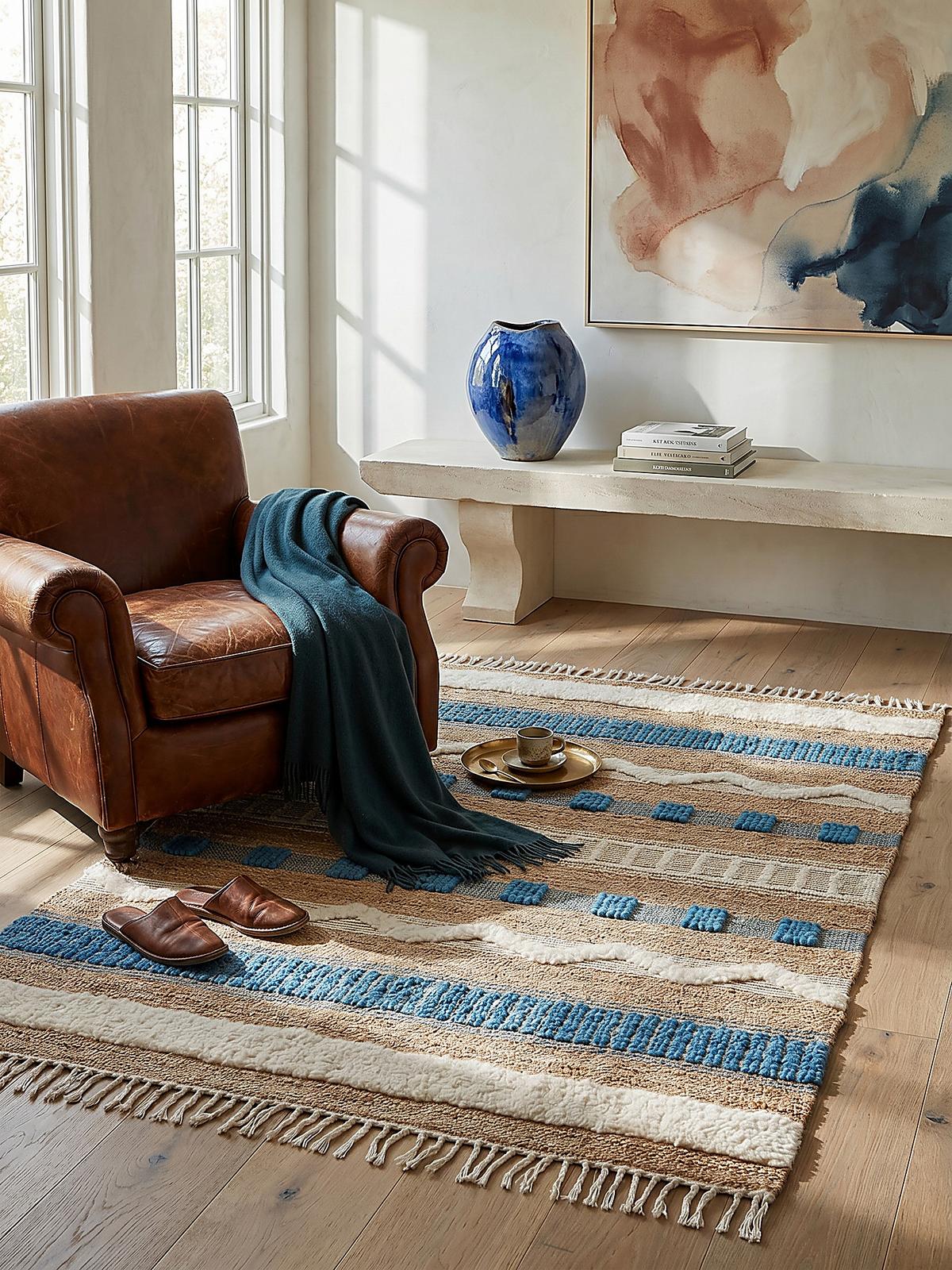 JUTETEPPICH handgewebt mit Fransen WHARFE, im Ethno-Stil, Natur-Blau, 120 x 170 cm - Blau, Textil (170/120cm) - KADIMA DESIGN