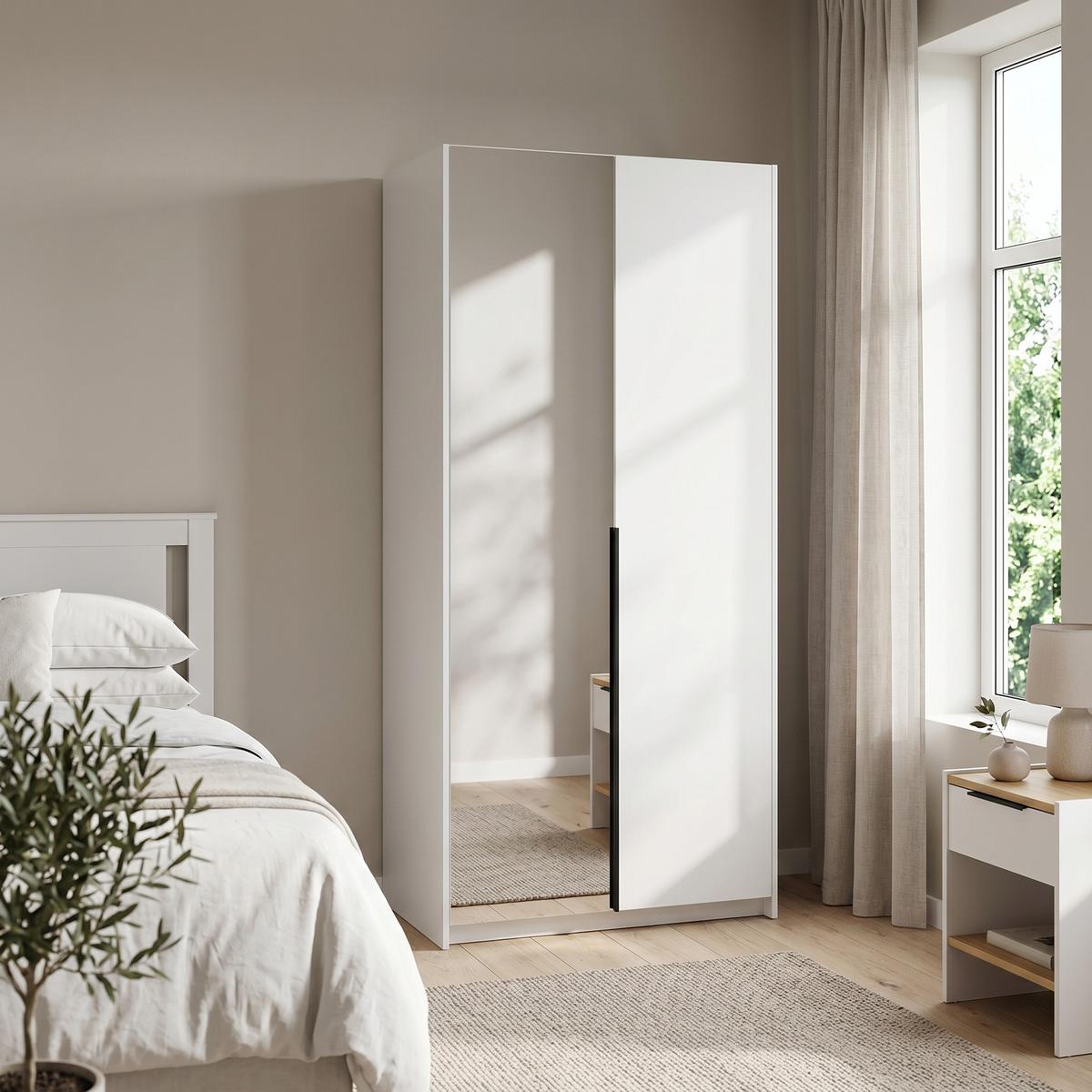 DREHTÜRENSCHRANK THALIA 100/204/58cm 2-türig mit Spiegel Weiß - Weiß, Holzwerkstoff (100/204/58cm) - MASSENO
