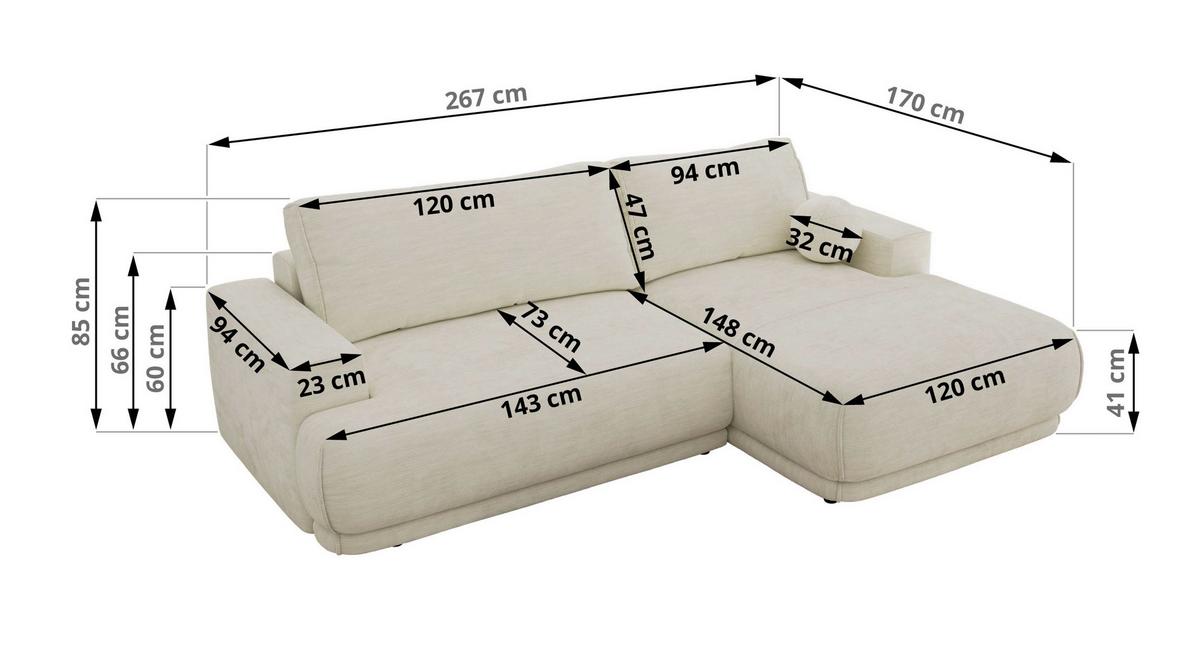 ECKSCHLAFSOFA RINA L Creme Schenille glatt - rechts - Creme/Schwarz, Kunststoff/Textil (170/267cm) - MKS