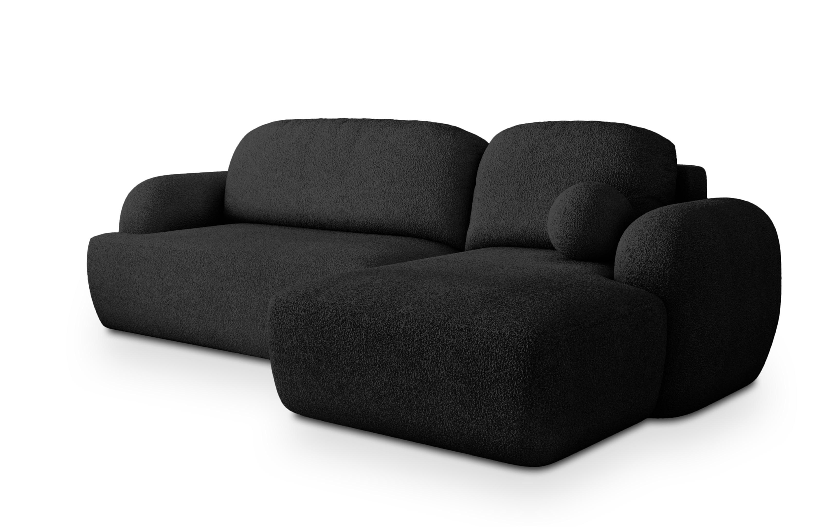 ECKSOFA MODENZA N R-S Schwarz Boucle-Stoff mit Schlaffunktion - Schwarz, Holz/Kunststoff (266/148cm) - MASSENO