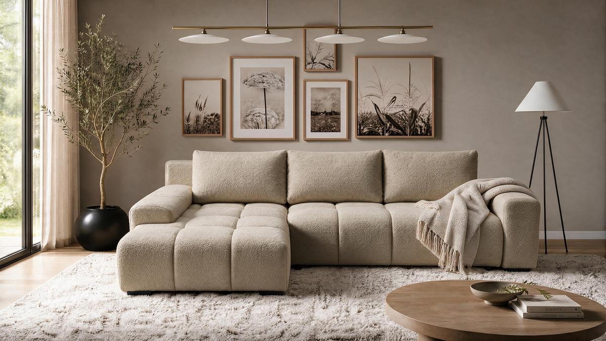 ECKSOFA Ovia mit Bettkasten und Schlaffunktion, Bouclé-Stoff in L-Form - Cappuccino, Textil (270/185cm)