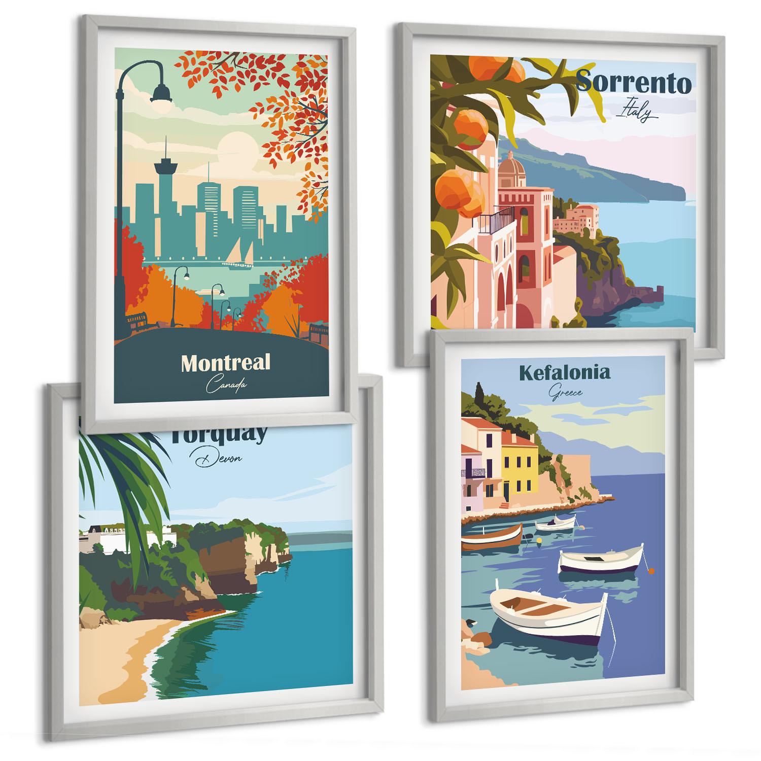 BILDER SET 4er Set - 50x50 cm & 40x60 cm Silberner Rahmen - Retro-Ansichten von Städten auf der ganzen Welt - Silberfarben, Kunststoff (50/50cm) - TULUP