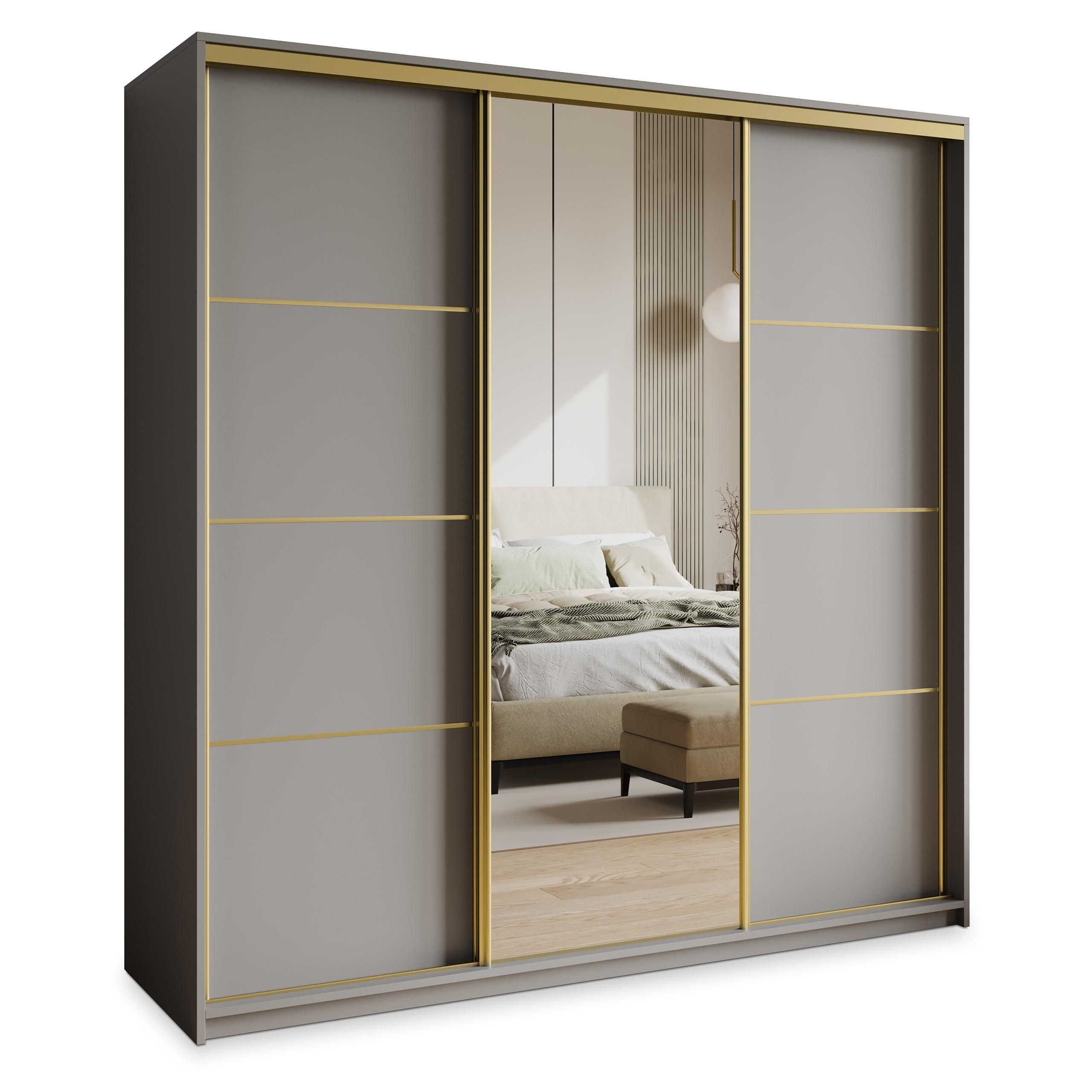 SCHWEBETÜRENSCHRANK VARO 180/205/60 cm 3-türig mit Spiegel und Schubladen Graphitfarben - Goldfarben/Graphitfarben, Holzwerkstoff (180/205/60cm) - MASSENO