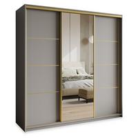 SCHWEBETÜRENSCHRANK VARO 180/205/60 cm 3-türig mit Spiegel und Schubladen Graphitfarben - Goldfarben/Graphitfarben, Holzwerkstoff (180/205/60cm) - MASSENO