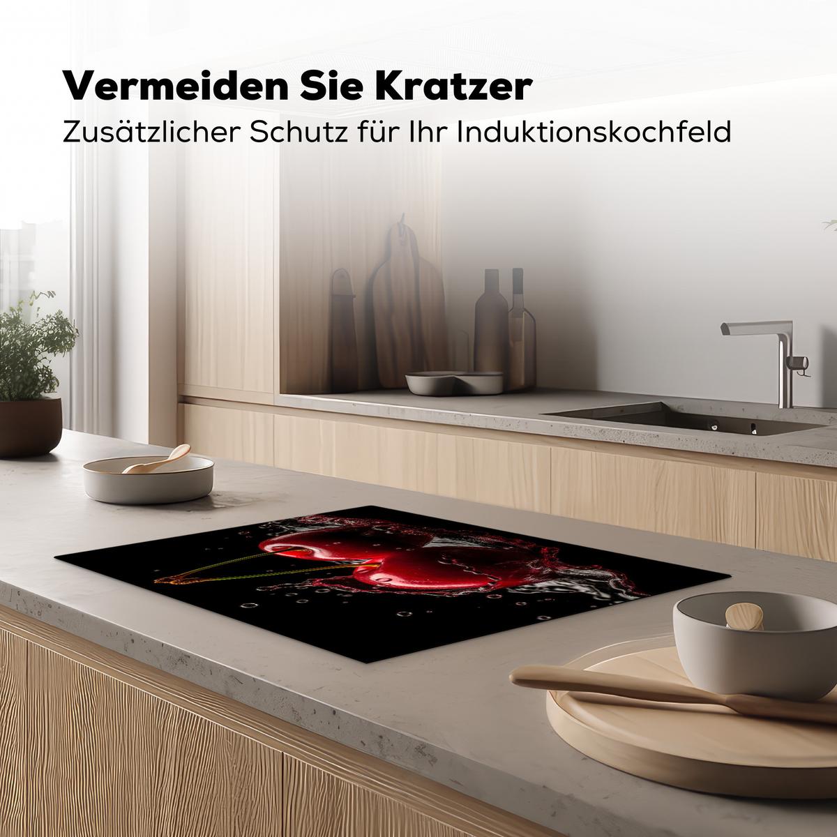HERDABDECKPLATTE Kirsche - Rot - Frucht - Wasser - Schwarz Induktionsmatte 71x52 cm - Kirschrot, Kunststoff (71/52/0.2cm) - MuchoWow
