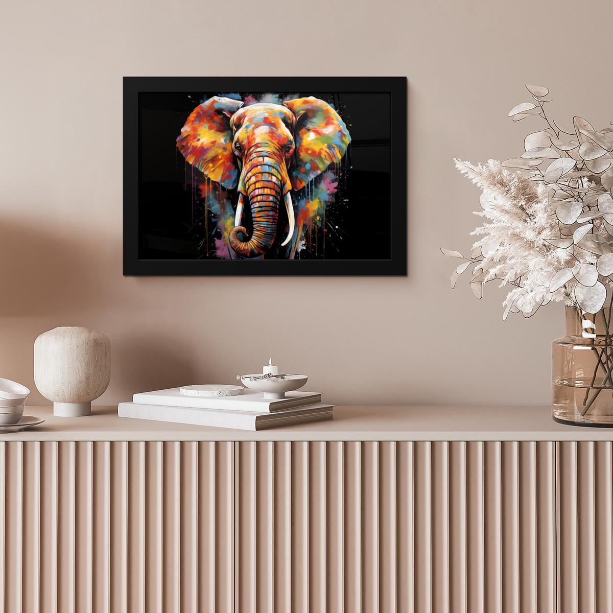 POSTER MIT RAHMENGERAHMTES BILD Elefant - Graffiti - Schwarz - Tiere - Farben 30x20 cm - Schwarz, Papier (30/20cm) - MuchoWow