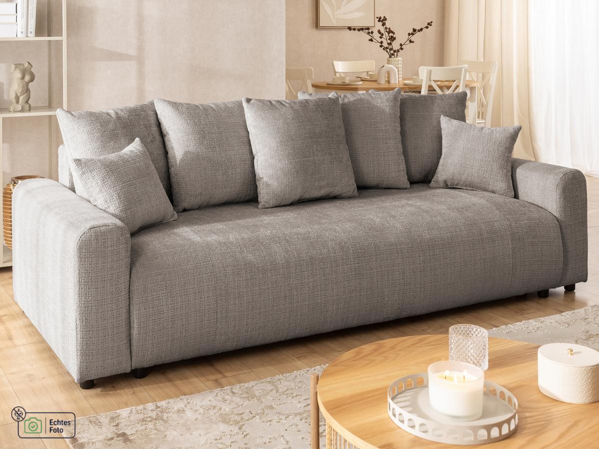 SCHLAFSOFA Calma mit Bettkasten im Bumpy-Design aus weichem Taupe Chenille-Stoff - Taupe/Schwarz, Holz/Kunststoff (239/88/98cm) - S-Style