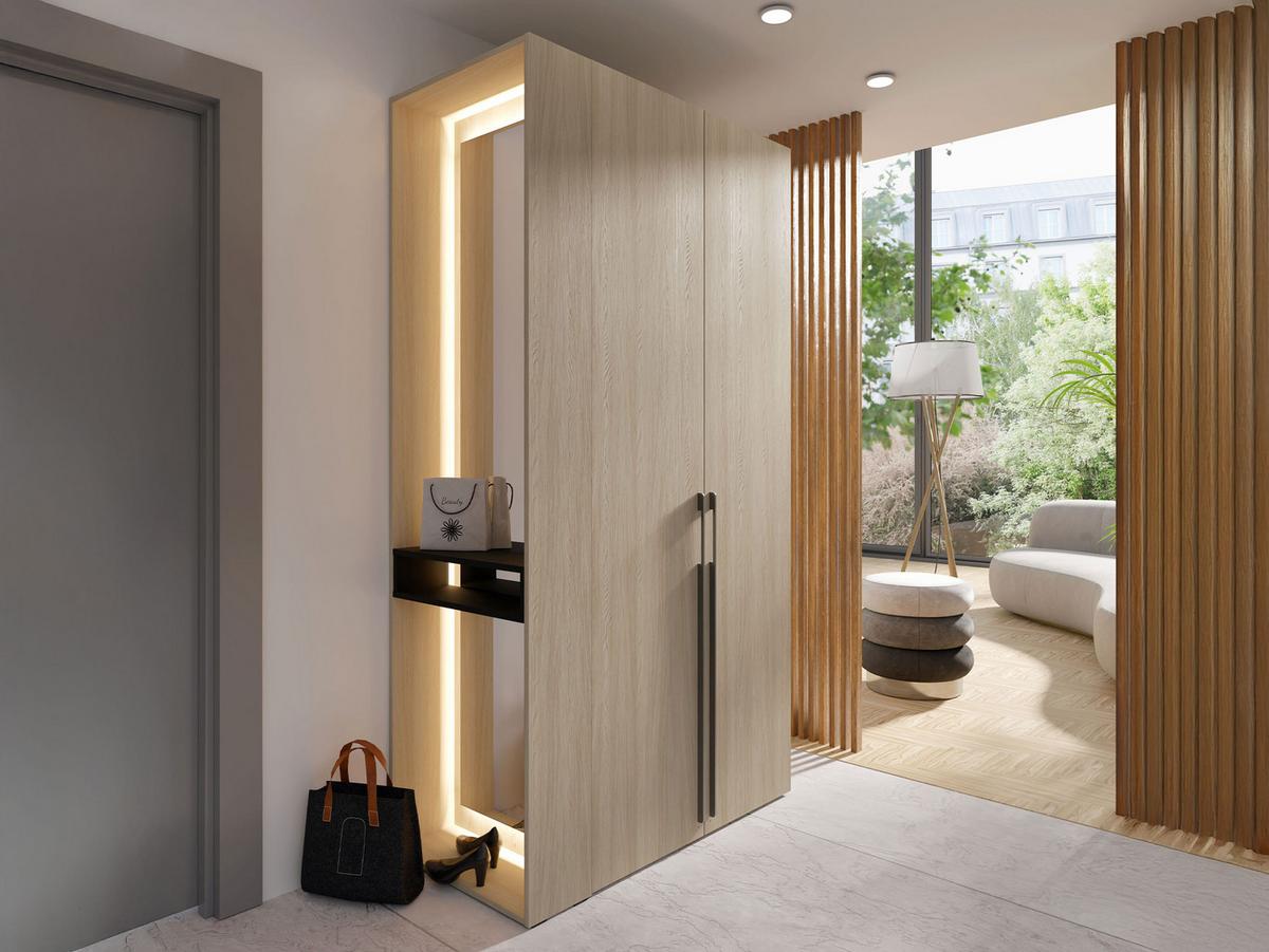 GARDEROBE Barcelona II mit Weiße LED-Beleuchtung - Eichefarben/Schwarz, Holzwerkstoff/Kunststoff (112/208/58cm) - MIRJAN24