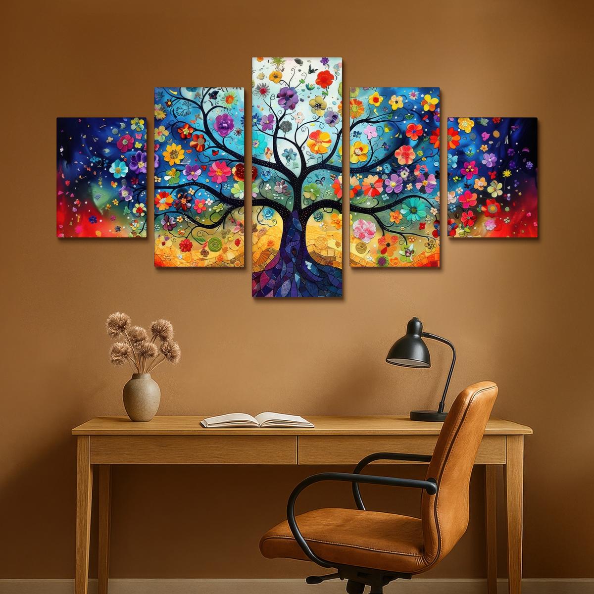 LEINWANDBILD 5er Set Bunt - Baum des Lebens - Blumen - Abstrakt 150x80 cm - Blau, Textil (150/80cm) - MuchoWow