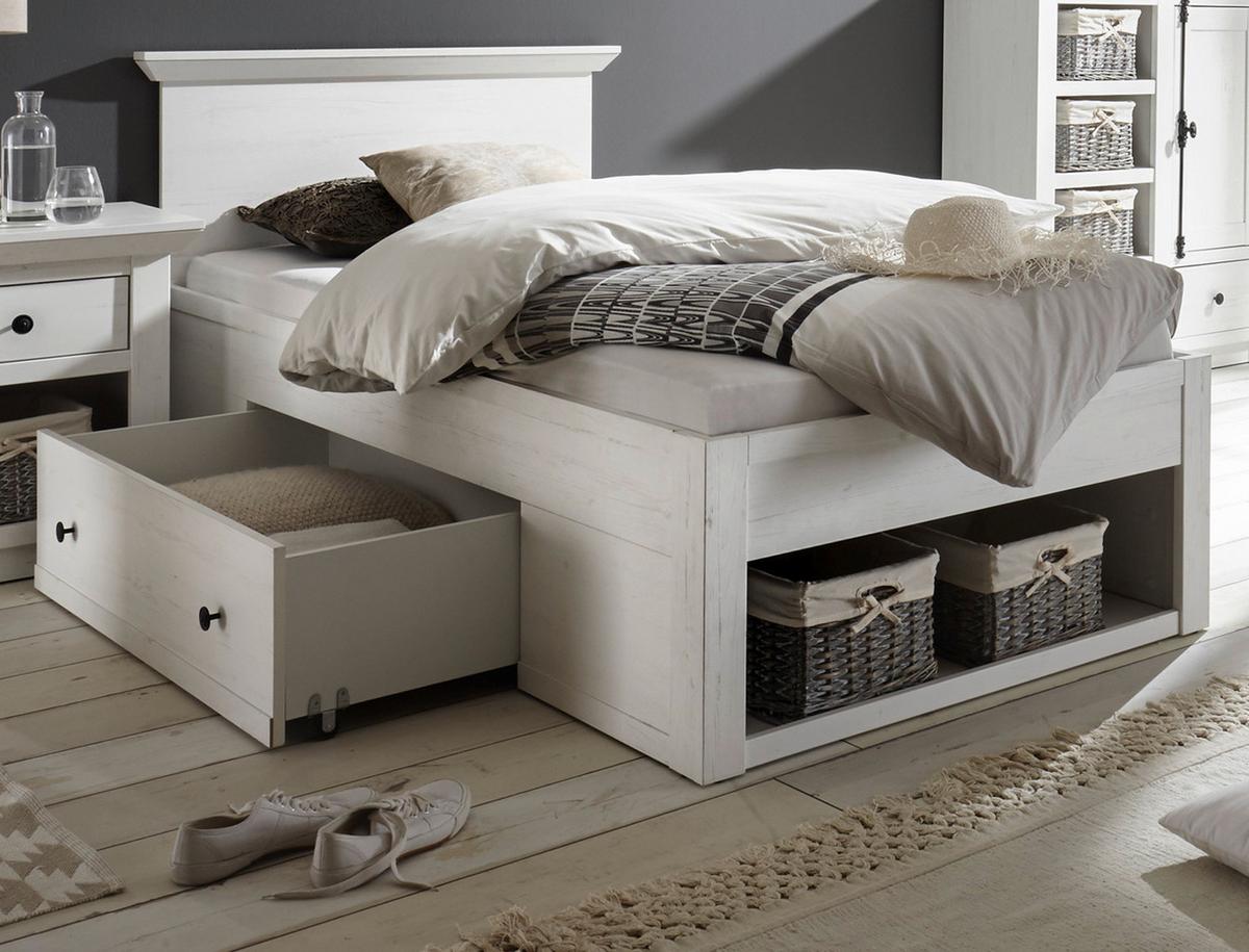 BETT Pinie weiß Liegefläche 90 x 200 cm, Stauraumbett mit Bettschubkasten - Schwarz/Weiß, Holzwerkstoff/Kunststoff (90/200cm) - Furn.Design