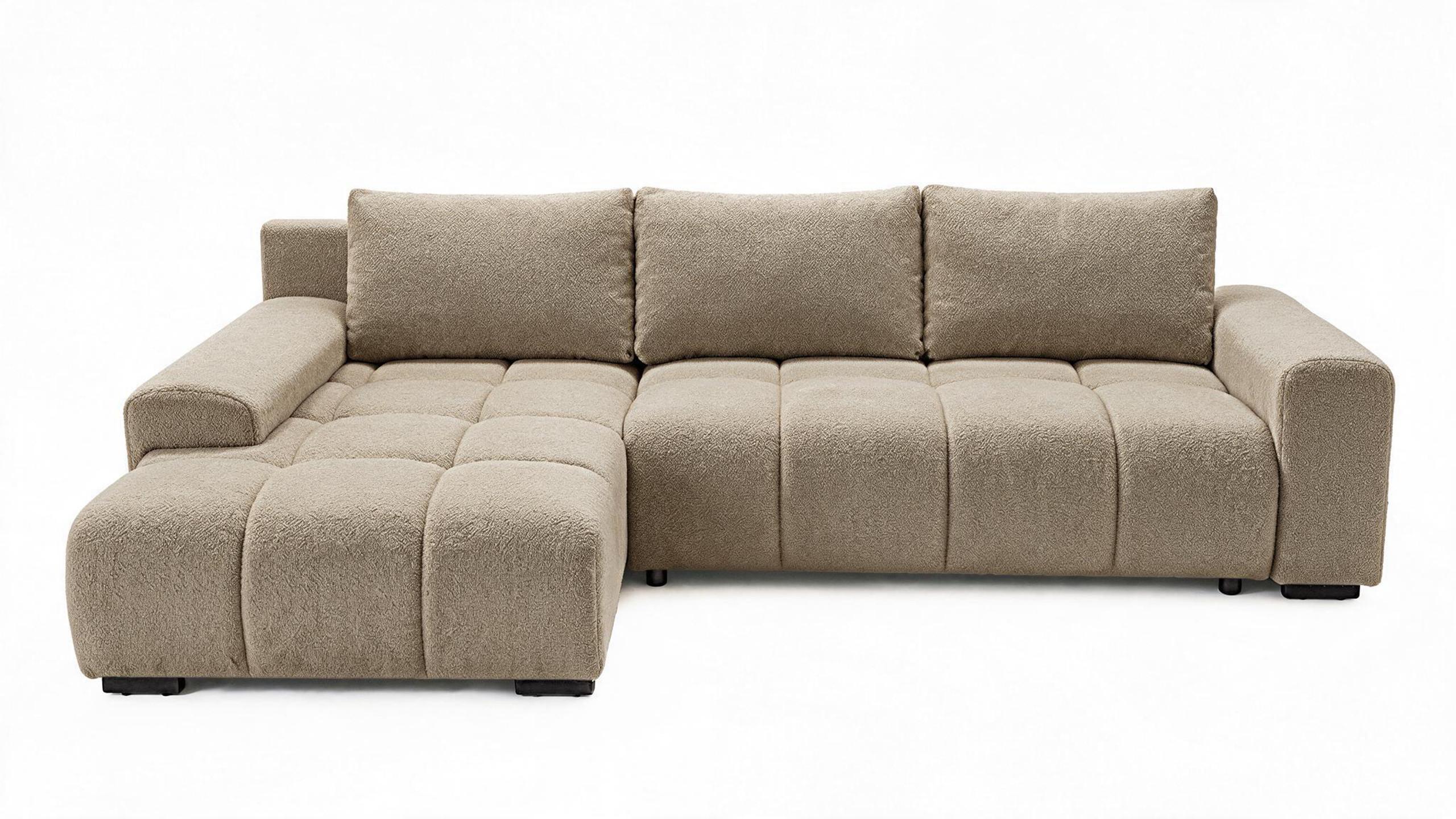 ECKSOFA Ovia mit Bettkasten und Schlaffunktion, Bouclé-Stoff in L-Form - Cappuccino, Textil (270/185cm)
