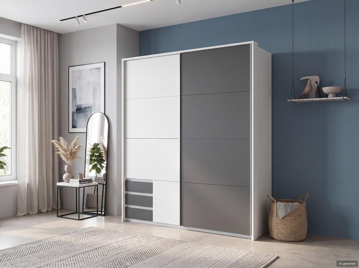 SCHWEBETÜRENSCHRANK 2-türig B183/H200/T65 cm, Passepartout-Kleiderschrank in Weiß, 1x Tür & sichtbare Schubkästen in Grafit / 22696 - Graphitfarben/Alufarben, Holz/Holzwerkstoff (183/200/65cm) - luma-home