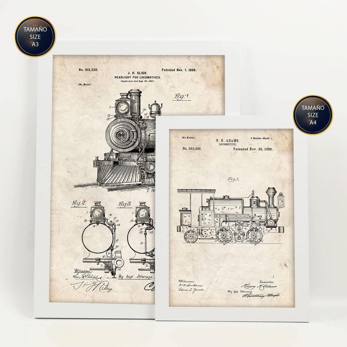 POSTER Set Mit 6 Plakaten Mit Zug Patenten Im Vintage Stil A3 & A4 Weißer Rahmen - Weiß, Papier (29/3cm) - Nacnic