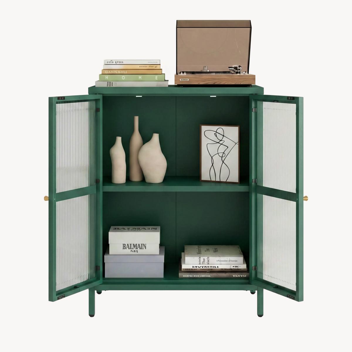 VITRINE Säkylä - Dunkelgrün/Transparent, Glas/Metall (64/84/35cm) - [en.casa]