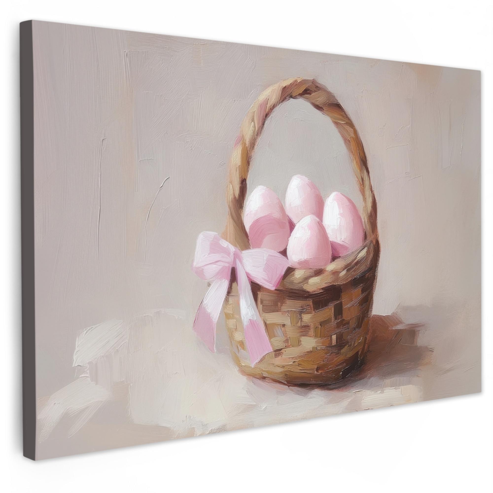 LEINWANDBILD Korb - Eier - Rosa Wohnzimmer Groß 120x80 cm - Beige, Textil (120/80cm) - MuchoWow