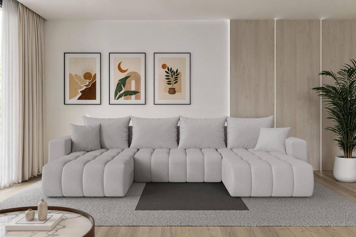 WOHNLANDSCHAFT mit Schlaffunktion und Bettkasten MILA-U-v1 378x194x86 Hellgrau Bouclé - Silberfarben/Hellgrau, Holzwerkstoff/Kunststoff (378/86/194cm) - ALTDECOR