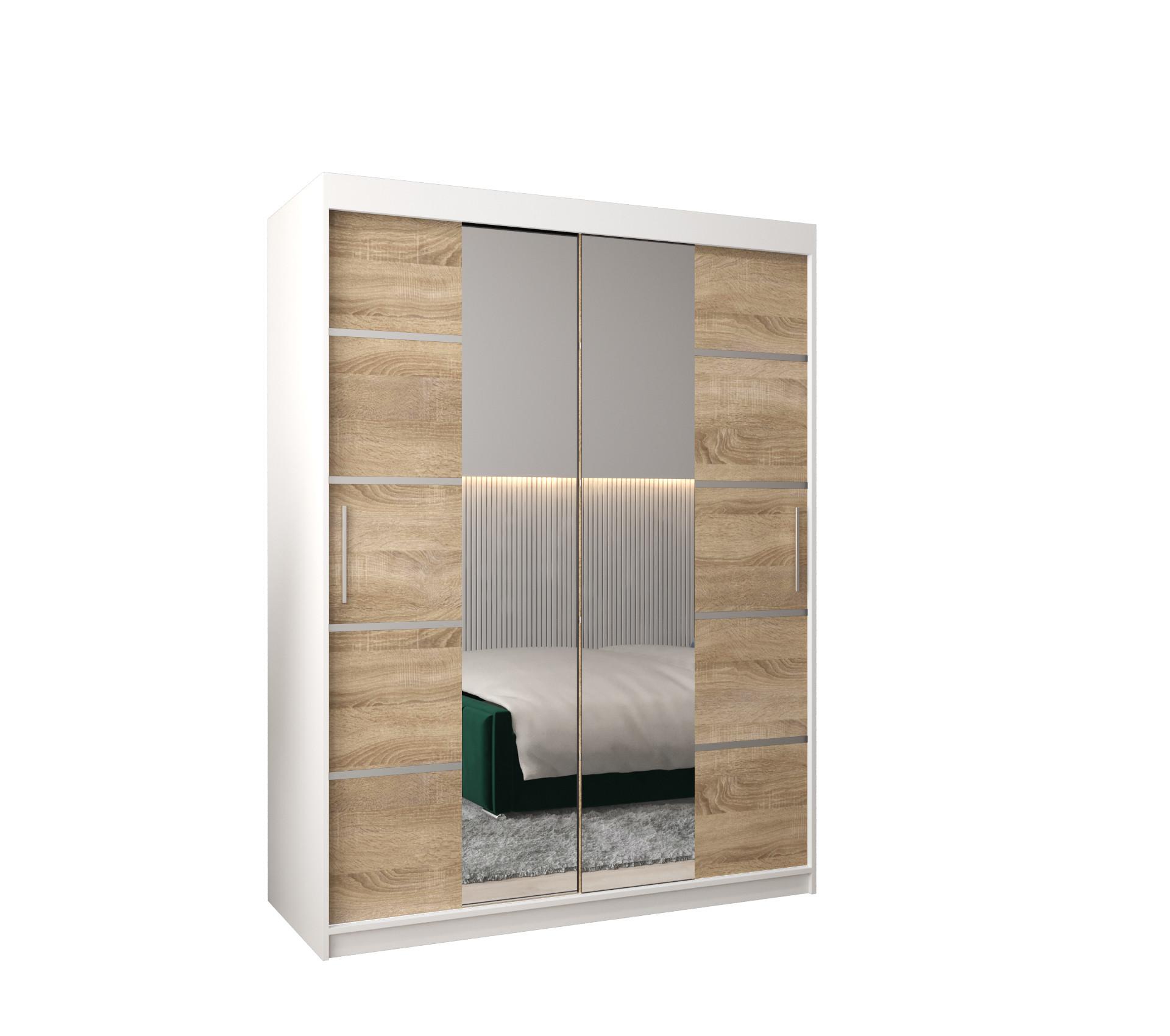 SCHWEBETÜRENSCHRANK 200/150/62 2-türig - Silberfarben/Weiß, Holz/Kunststoff (150/200/62cm) - MÖBEL KRYSPOL