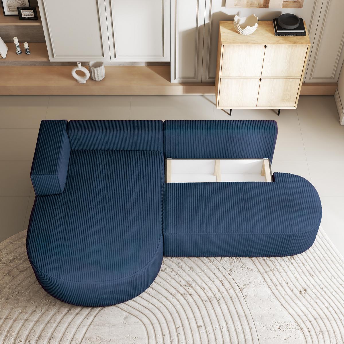 ECKSOFA CORTIO P L-S Blau Kordstoff mit Schlaffunktion - Blau, Holz (265/174cm) - MASSENO
