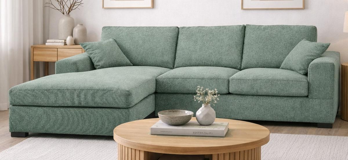 SOFA petrol Strukturstoff 308 cm, Ecksofa 5-Sitzer, L-Sofa Ottomane links - Petrol/Schwarz, Holz/Textil (308/186cm) - Inn.Furn