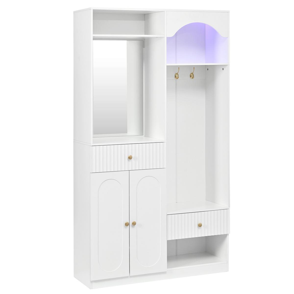 GARDEROBE 100cm Weiß mit LED, Spiegel, Schuhschrank & Sitzbank - Weiß, Holzwerkstoff (100/180/35cm) - Urban Meuble