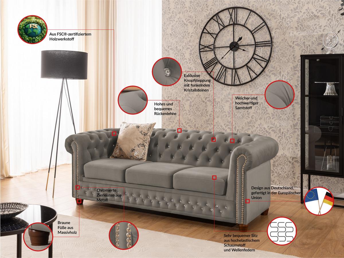 CHESTERFIELD-SOFA 3-sitzer Cleo Blink Grau Samt mit Kristallsteppung und braunen Massivholzfüßen - Braun/Grau, Holz/Textil (203/72/86cm) - S-Style Möbel