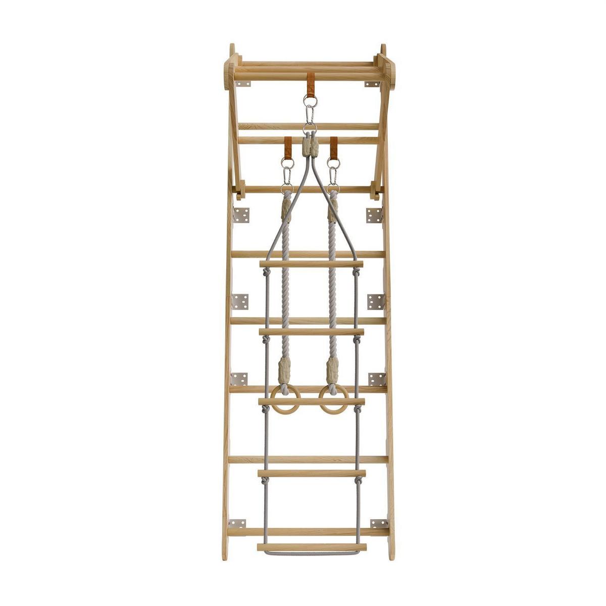 SPROSSENWAND für Kinder mit Turnringen - Naturfarben, Holz (62/57cm) - Juskys