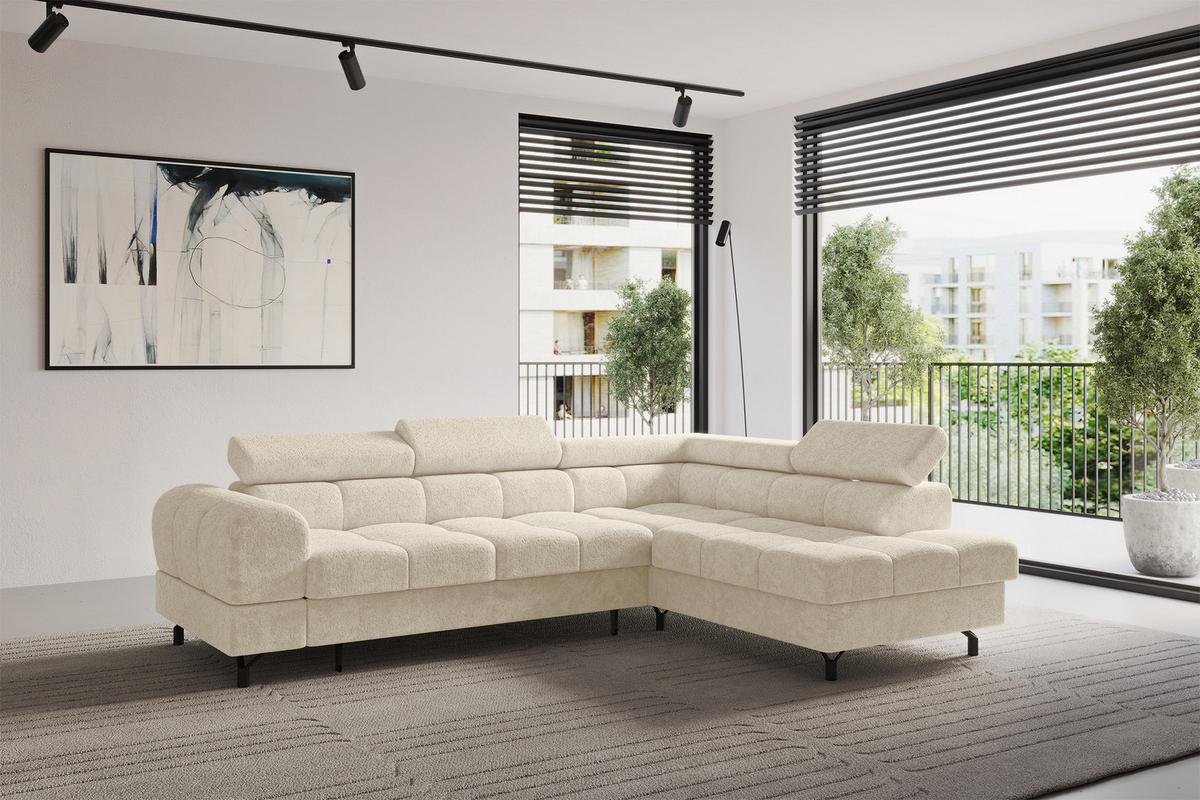 ECKSOFA mit Schlaffunktion Ottomane Rechts LUMA-L 272x203x70 Creme Velours - Creme/Schwarz, Holzwerkstoff/Kunststoff (203/272cm) - ALTDECOR