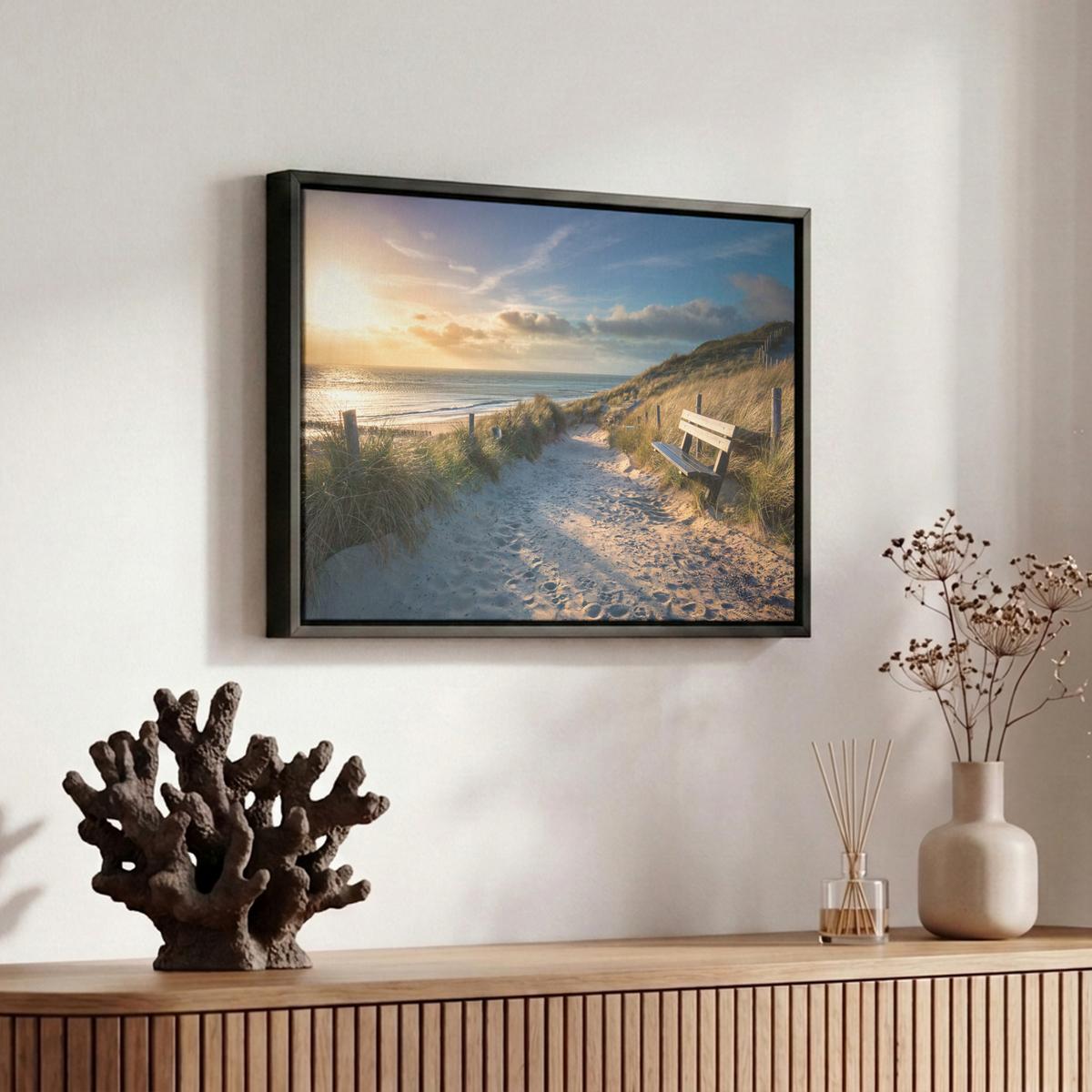 LEINWAND Bilder mit Rahmen - Sonnenuntergang - Strand - Düne - Gras - Ufer - 30x20 - Sandfarben, Textil (30/20cm) - MuchoWow