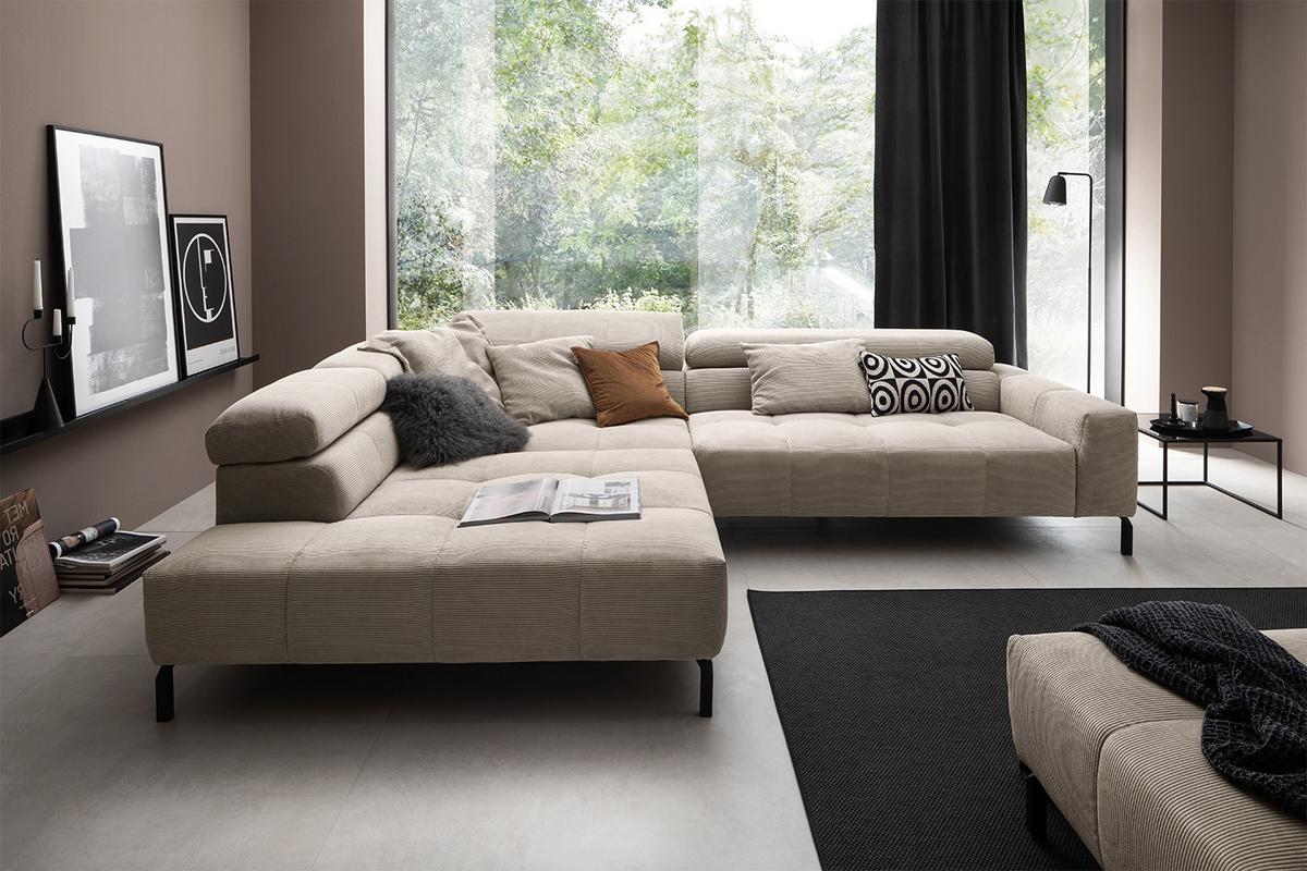 ECKSOFA MIT MOTORISCHEM SITZVORZUG OHIO Beige Cord Relaxfunktion - Beige/Schwarz, Textil/Metall (311/219cm) - KAWOLA