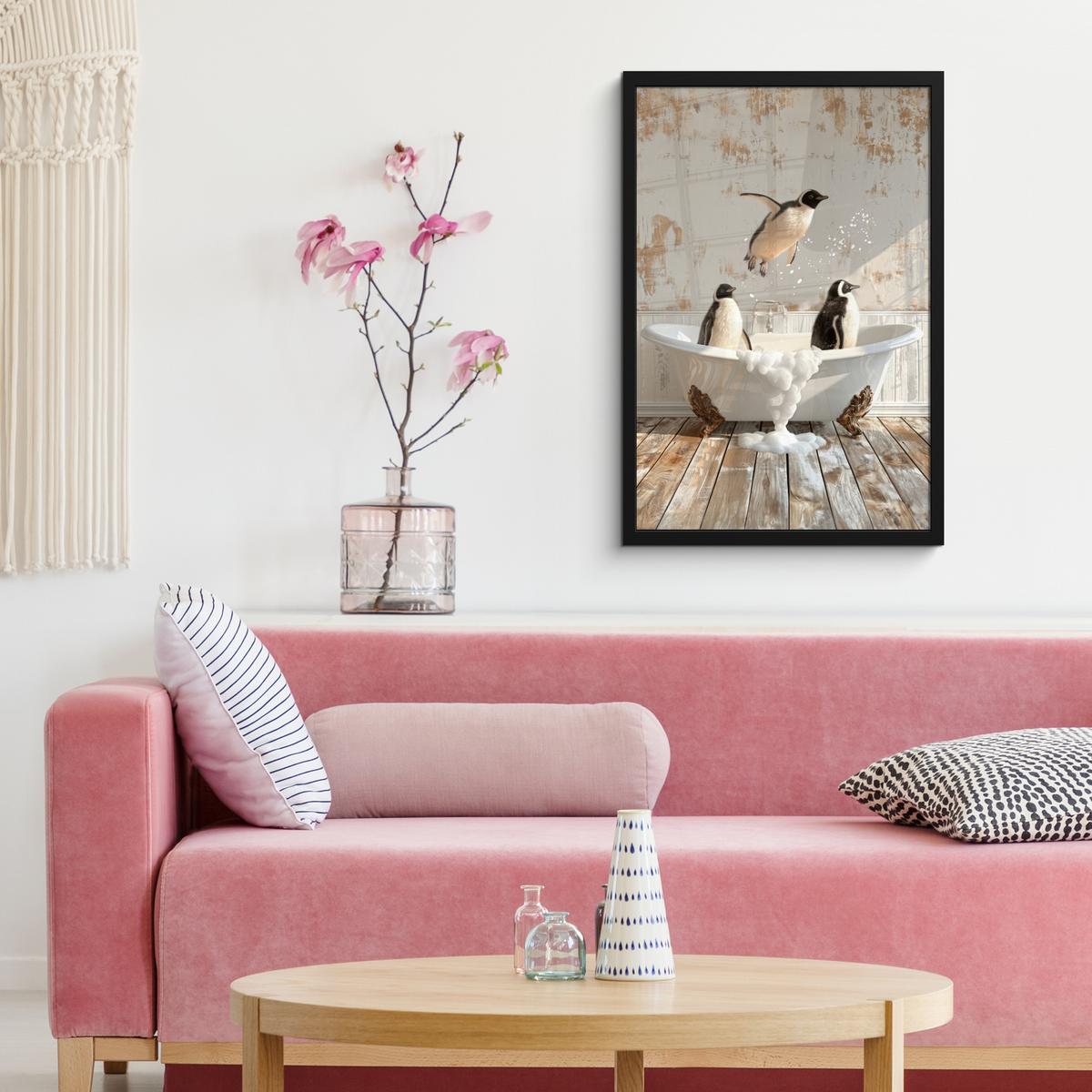 POSTER MIT RAHMEN Vintage - Pinguin - Badewanne - Schaumstoff Bilder mit Rahmen 40x60 cm - Schwarz, Papier (40/60cm) - MuchoWow