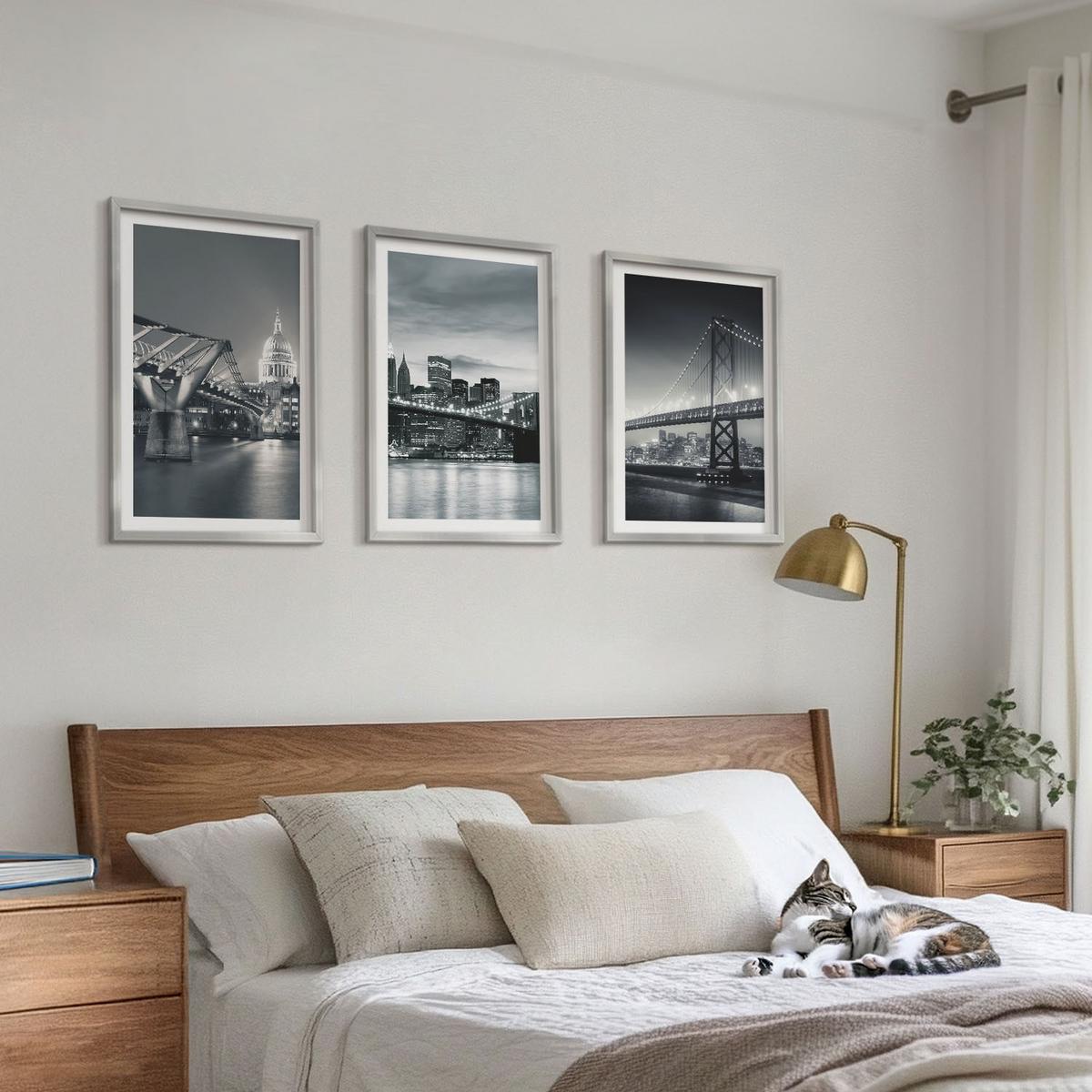 BILDER SET 3er Set - 40x60 cm Silberner Rahmen - Brücken, Stadtarchitektur, Grau - Silberfarben, Kunststoff (40/60cm) - TULUP