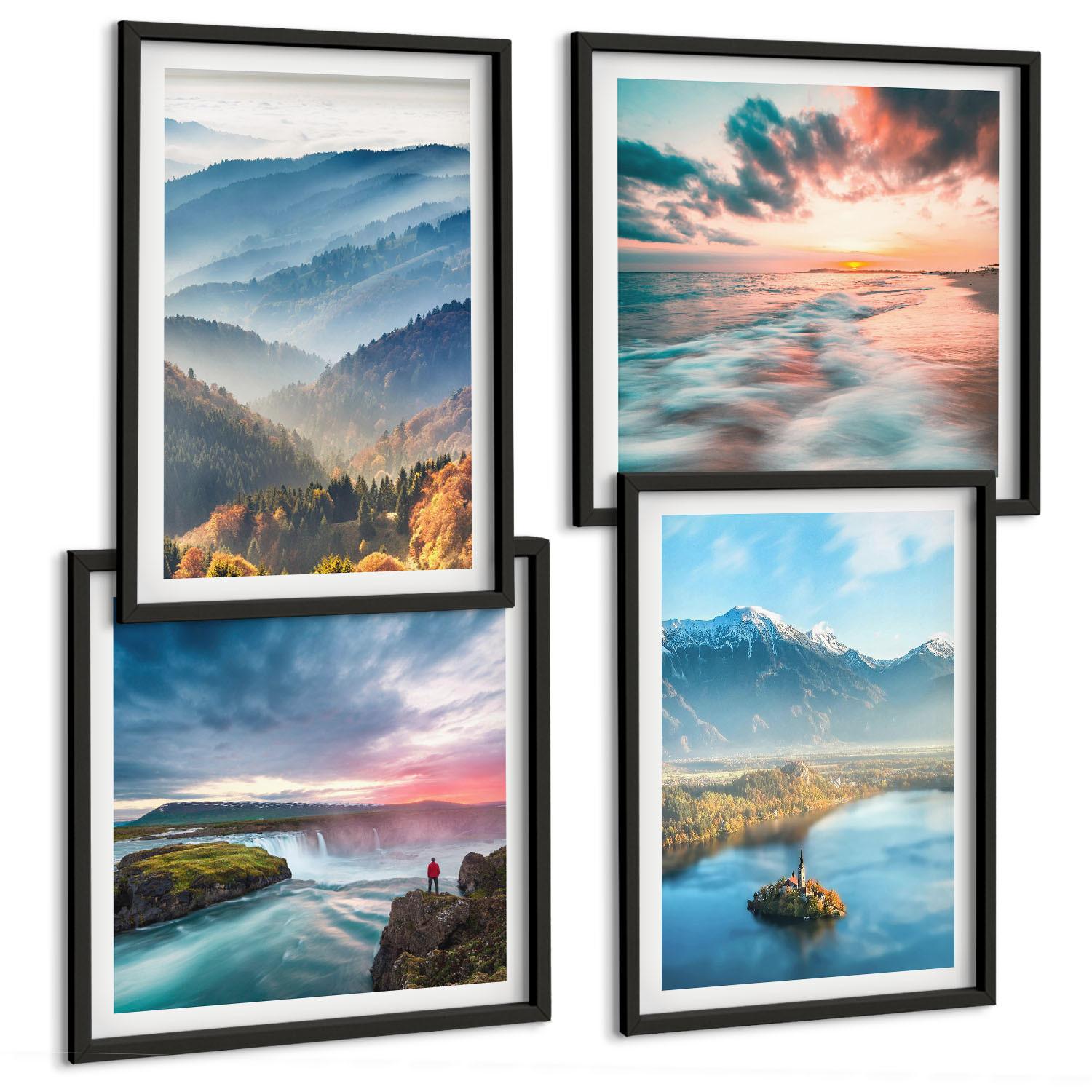 BILDER SET 4er Set - 50x50 cm & 40x60 cm Schwarzer Rahmen - Berglandschaften, Wasserfälle - Schwarz, Kunststoff (50/50cm) - TULUP